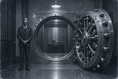 A robot in a suit standing guard beside an open round bank vault door